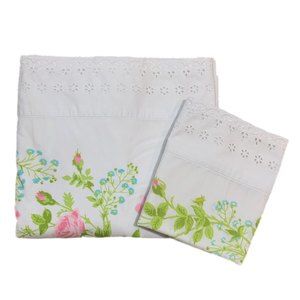 Vintage Martex Pink Roses Floral Full Flat Sheet Pillowcase Percale Wide Eyelet